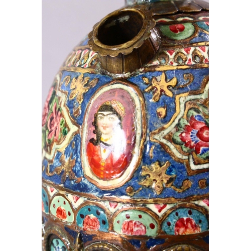 601 - À 19TH CENTURY PERSIAN QAJAR ENAMELLED AND GILT HUQQA BASE AND STAND, decorated with miniature paint... 