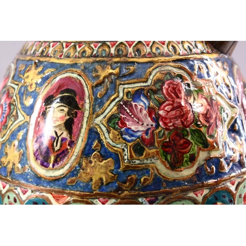 601 - À 19TH CENTURY PERSIAN QAJAR ENAMELLED AND GILT HUQQA BASE AND STAND, decorated with miniature paint... 