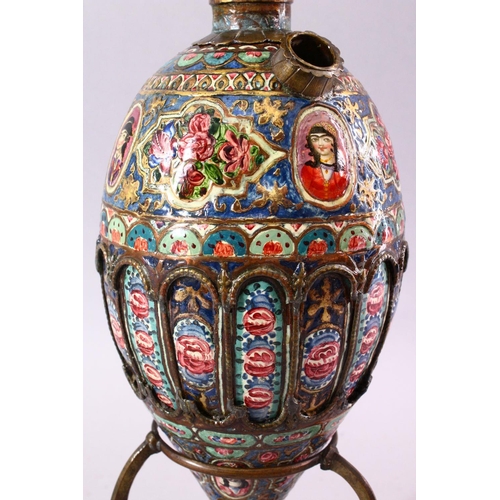 601 - À 19TH CENTURY PERSIAN QAJAR ENAMELLED AND GILT HUQQA BASE AND STAND, decorated with miniature paint... 