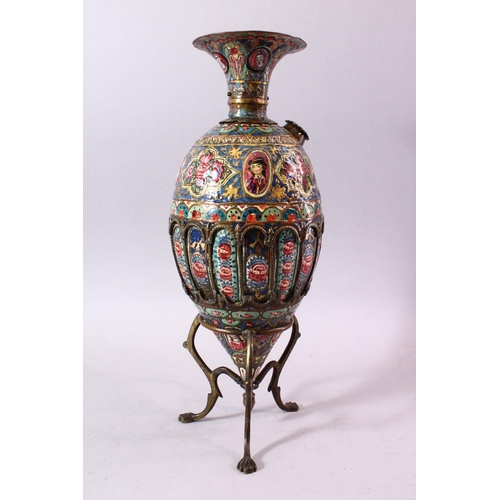 601 - À 19TH CENTURY PERSIAN QAJAR ENAMELLED AND GILT HUQQA BASE AND STAND, decorated with miniature paint... 