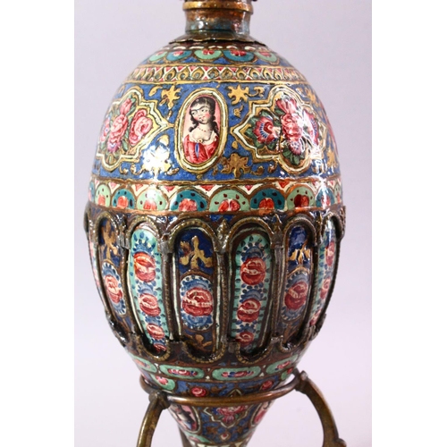 601 - À 19TH CENTURY PERSIAN QAJAR ENAMELLED AND GILT HUQQA BASE AND STAND, decorated with miniature paint... 