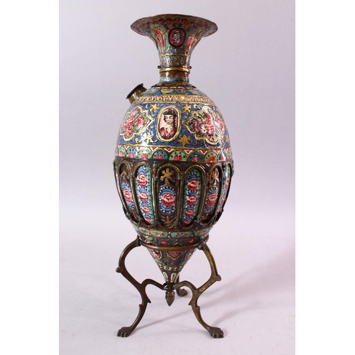 601 - À 19TH CENTURY PERSIAN QAJAR ENAMELLED AND GILT HUQQA BASE AND STAND, decorated with miniature paint... 