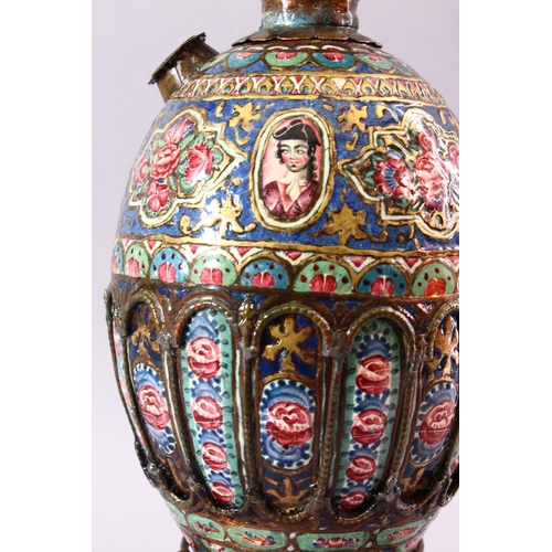 601 - À 19TH CENTURY PERSIAN QAJAR ENAMELLED AND GILT HUQQA BASE AND STAND, decorated with miniature paint... 