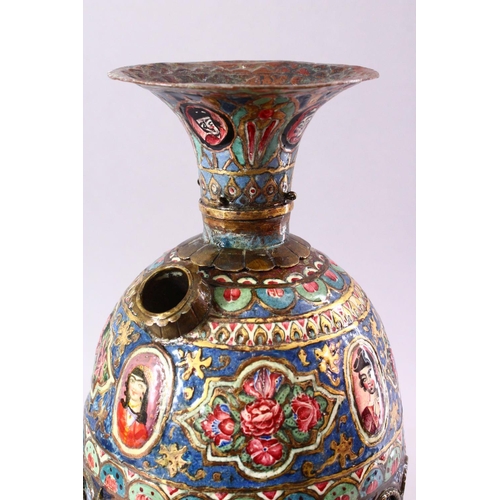 601 - À 19TH CENTURY PERSIAN QAJAR ENAMELLED AND GILT HUQQA BASE AND STAND, decorated with miniature paint... 