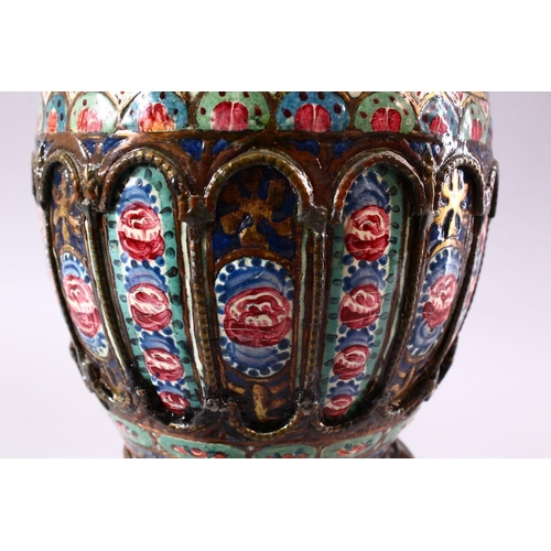 601 - À 19TH CENTURY PERSIAN QAJAR ENAMELLED AND GILT HUQQA BASE AND STAND, decorated with miniature paint... 