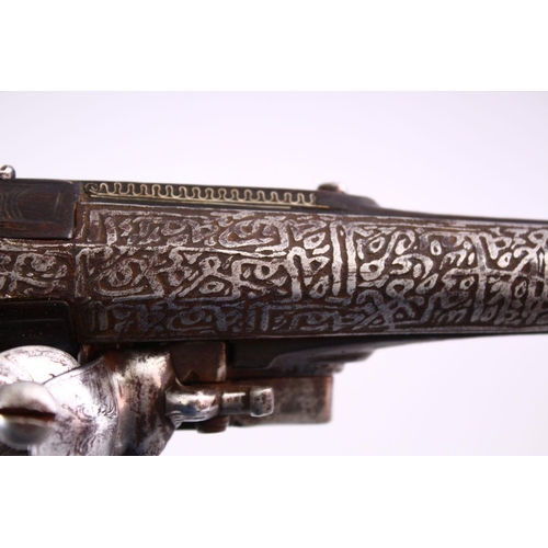 604 - A GOOD 18TH CENTURY PERSIAN FLINTLOCK PISTOL, with engraved lockplate and barrel, silver inlaid grip... 