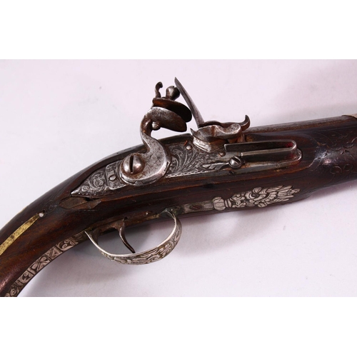 606 - AN 18TH CENTURY ANGLO PERSIAN FLINTLOCK PISTOL, barrel with later overlaid chased silver decoration,... 