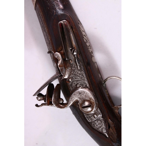 606 - AN 18TH CENTURY ANGLO PERSIAN FLINTLOCK PISTOL, barrel with later overlaid chased silver decoration,... 