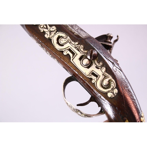 606 - AN 18TH CENTURY ANGLO PERSIAN FLINTLOCK PISTOL, barrel with later overlaid chased silver decoration,... 