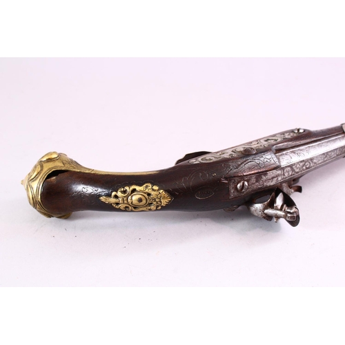 606 - AN 18TH CENTURY ANGLO PERSIAN FLINTLOCK PISTOL, barrel with later overlaid chased silver decoration,... 