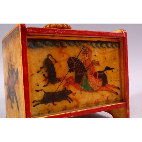 611 - A 19TH CENTURY INDIAN MARBLE BOX, with painted scenes of hunting and floral decoration, 15cm high, 1... 