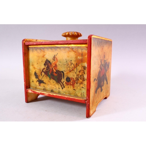 611 - A 19TH CENTURY INDIAN MARBLE BOX, with painted scenes of hunting and floral decoration, 15cm high, 1... 