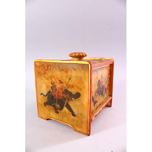 611 - A 19TH CENTURY INDIAN MARBLE BOX, with painted scenes of hunting and floral decoration, 15cm high, 1... 