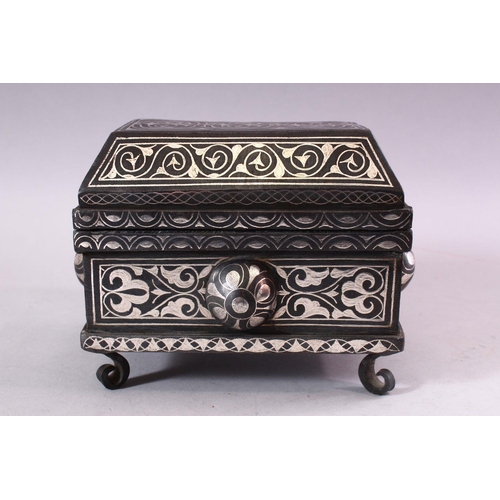 618 - A GOOD 19TH CENTURY SILVER INLAID BIDRI CASKET, with circular bosses to each side, with stylised inl... 