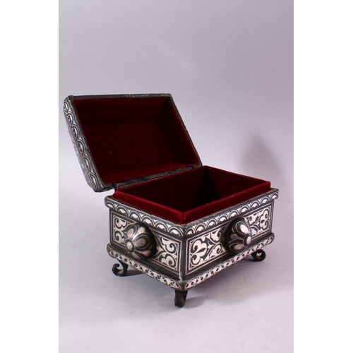 618 - A GOOD 19TH CENTURY SILVER INLAID BIDRI CASKET, with circular bosses to each side, with stylised inl... 