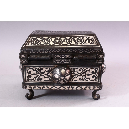 618 - A GOOD 19TH CENTURY SILVER INLAID BIDRI CASKET, with circular bosses to each side, with stylised inl... 