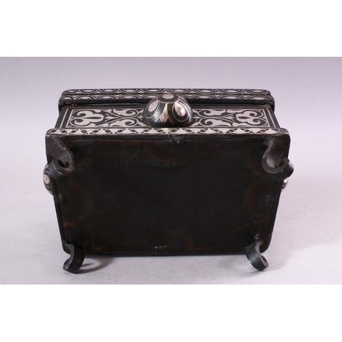 618 - A GOOD 19TH CENTURY SILVER INLAID BIDRI CASKET, with circular bosses to each side, with stylised inl... 