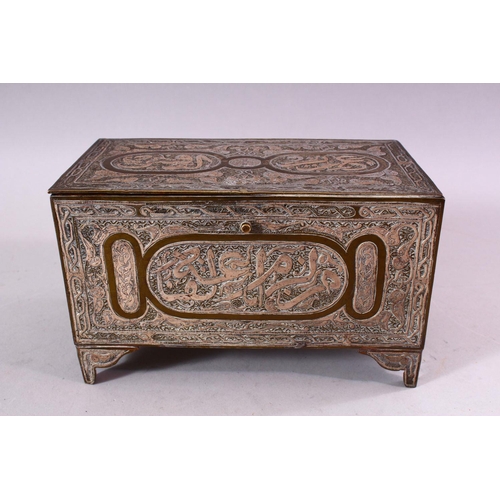 619 - A GOOD LATE 19TH CENTURY ISLAMIC SILVER INLAID BRASS RECTANGULAR CASKET, each side with panels of ca... 