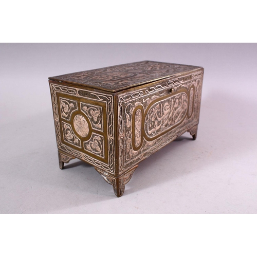 619 - A GOOD LATE 19TH CENTURY ISLAMIC SILVER INLAID BRASS RECTANGULAR CASKET, each side with panels of ca... 