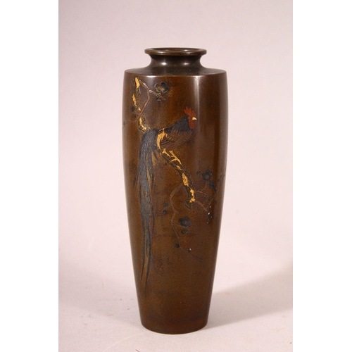 62 - A GOOD SMALL PAIR OF MID 20TH CENTURY JAPANESE MIXED METAL VASES, each depicting a cockerel seated o... 