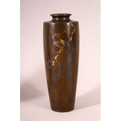 62 - A GOOD SMALL PAIR OF MID 20TH CENTURY JAPANESE MIXED METAL VASES, each depicting a cockerel seated o... 