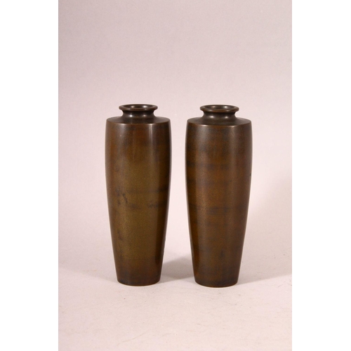 62 - A GOOD SMALL PAIR OF MID 20TH CENTURY JAPANESE MIXED METAL VASES, each depicting a cockerel seated o... 