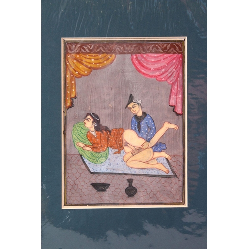 620 - AN INDIAN HAND PAINTED MANUSCRIPT PAGE, depicting a couple in erotic scene, image size 18cm x 13cm.