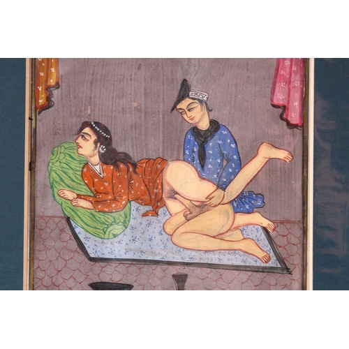 620 - AN INDIAN HAND PAINTED MANUSCRIPT PAGE, depicting a couple in erotic scene, image size 18cm x 13cm.