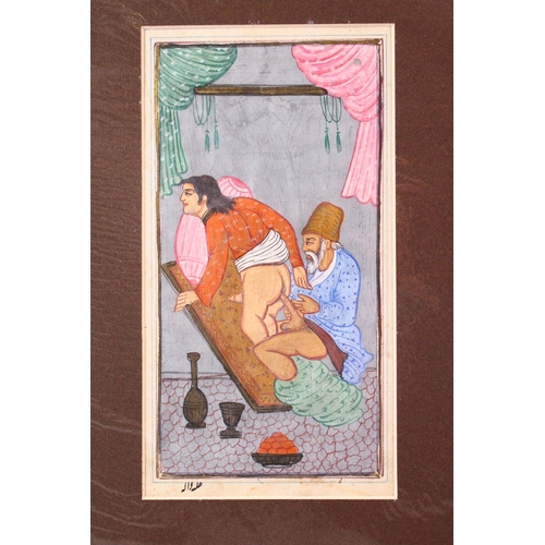 621 - AN INDIAN HAND PAINTED MANUSCRIPT PAGE, depicting a couple in erotic scene, image size 24cm x 12cm.