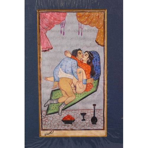 622 - AN INDIAN HAND PAINTED MANUSCRIPT PAGE, depicting a couple in erotic scene, image size 24cm x 12cm.