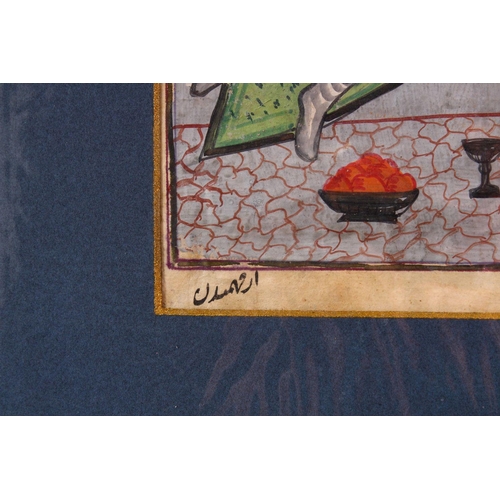 622 - AN INDIAN HAND PAINTED MANUSCRIPT PAGE, depicting a couple in erotic scene, image size 24cm x 12cm.