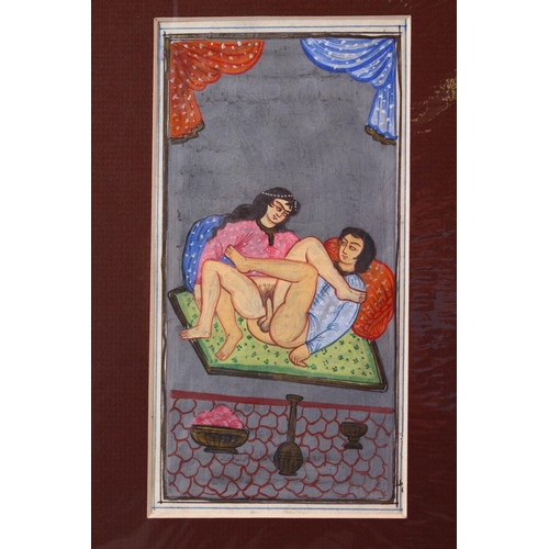 623 - AN INDIAN HAND PAINTED MANUSCRIPT PAGE, depicting a couple in erotic scene, image size 20cm x 10cm.