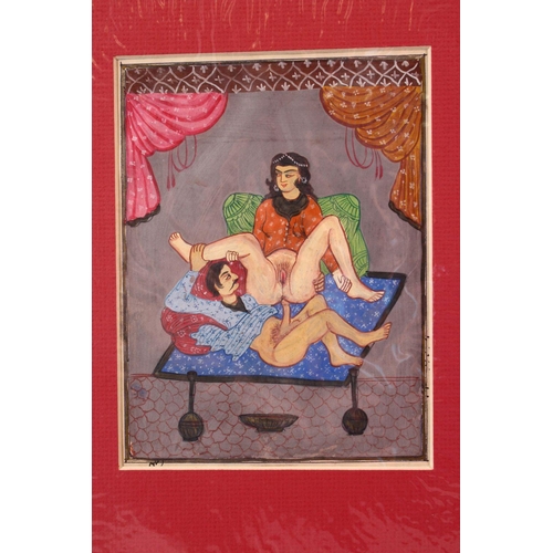 624 - AN INDIAN HAND PAINTED MANUSCRIPT PAGE, depicting a couple in erotic scene, image size 19cm x 14cm.