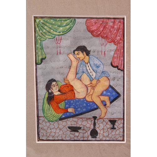 625 - AN INDIAN HAND PAINTED MANUSCRIPT PAGE, depicting a couple in erotic scene, image size 18cm x 13cm.