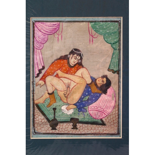 626 - AN INDIAN HAND PAINTED MANUSCRIPT PAGE, depicting a couple in erotic scene, image size 19cm x 13.5cm... 