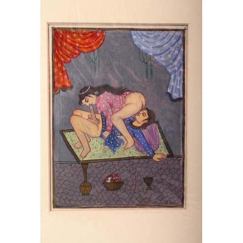 627 - AN INDIAN HAND PAINTED MANUSCRIPT PAGE, depicting a couple in erotic scene, image size 19cm x 14cm.