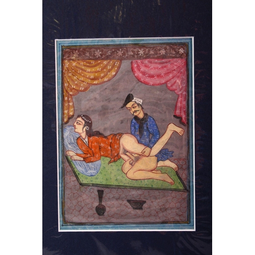 628 - AN INDIAN HAND PAINTED MANUSCRIPT PAGE, depicting a couple in erotic scene, image size 18cm x 12.5cm... 