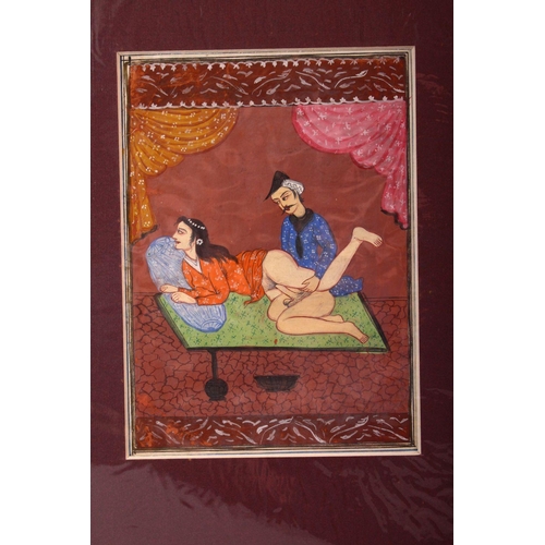 629 - AN INDIAN HAND PAINTED MANUSCRIPT PAGE, depicting a couple in erotic scene, image size 20cm x 14cm.