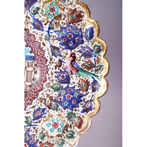 640 - AN INDIAN ENAMELLED COPPER DISH of lobed oval form, the centre painted with a courting couple and mu... 