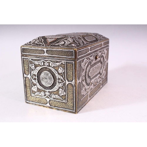 646 - A GOOD 19TH CENTURY SYRIAN SILVER, COPPER AND BRASS RECTANGULAR CASKET, with panels of calligraphy a... 