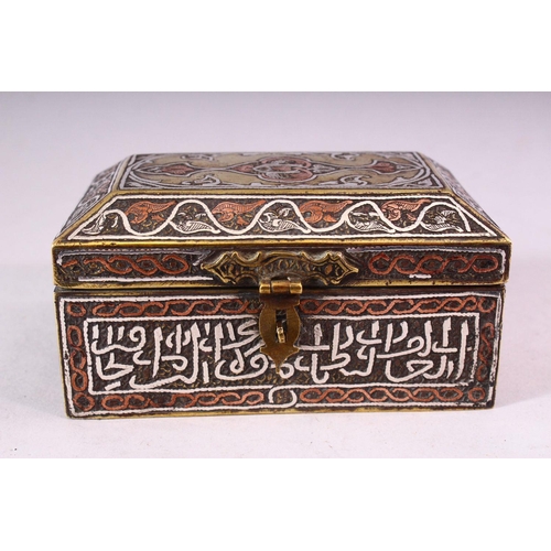 648 - A GOOD SMALL 19TH CENTURY SYRIAN SILVER, COPPER AND BRASS CASKET, with panels of calligraphy, 10.5cm... 