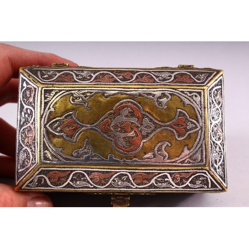 648 - A GOOD SMALL 19TH CENTURY SYRIAN SILVER, COPPER AND BRASS CASKET, with panels of calligraphy, 10.5cm... 