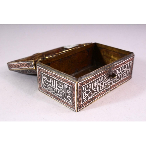 648 - A GOOD SMALL 19TH CENTURY SYRIAN SILVER, COPPER AND BRASS CASKET, with panels of calligraphy, 10.5cm... 