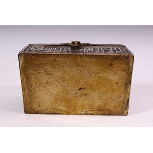 648 - A GOOD SMALL 19TH CENTURY SYRIAN SILVER, COPPER AND BRASS CASKET, with panels of calligraphy, 10.5cm... 