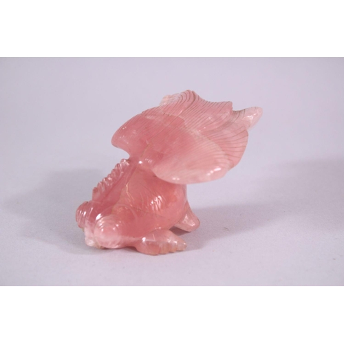 65 - A CHINESE CARVED ROSE QUARTZ FIGURE OF A GOLD FISH, 10cm wide