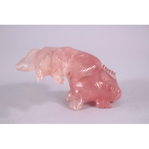 65 - A CHINESE CARVED ROSE QUARTZ FIGURE OF A GOLD FISH, 10cm wide