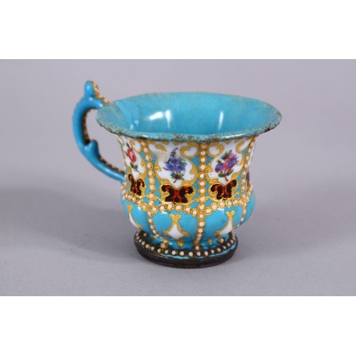 650 - A FINE 19TH CENTURY OTTOMAN OR OTTOMAN MARKET ENAMELLED CUP AND SAUCER, with finely painted panels o... 