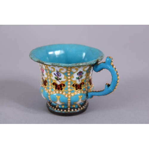 650 - A FINE 19TH CENTURY OTTOMAN OR OTTOMAN MARKET ENAMELLED CUP AND SAUCER, with finely painted panels o... 