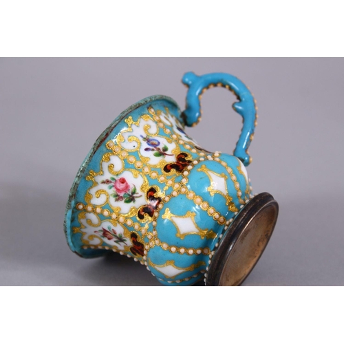 650 - A FINE 19TH CENTURY OTTOMAN OR OTTOMAN MARKET ENAMELLED CUP AND SAUCER, with finely painted panels o... 