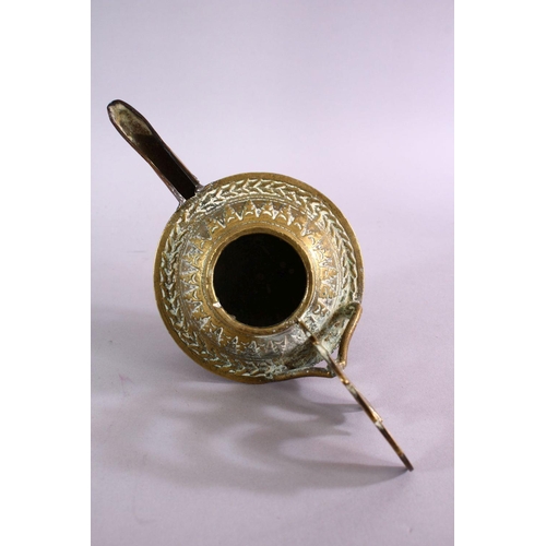 654 - AN UNUSUAL EARLY ISLAMIC POSSIBLY ANDALUSIAN SPANISH BRASS OIL LAMP, with moulded decoration, 17cm w... 